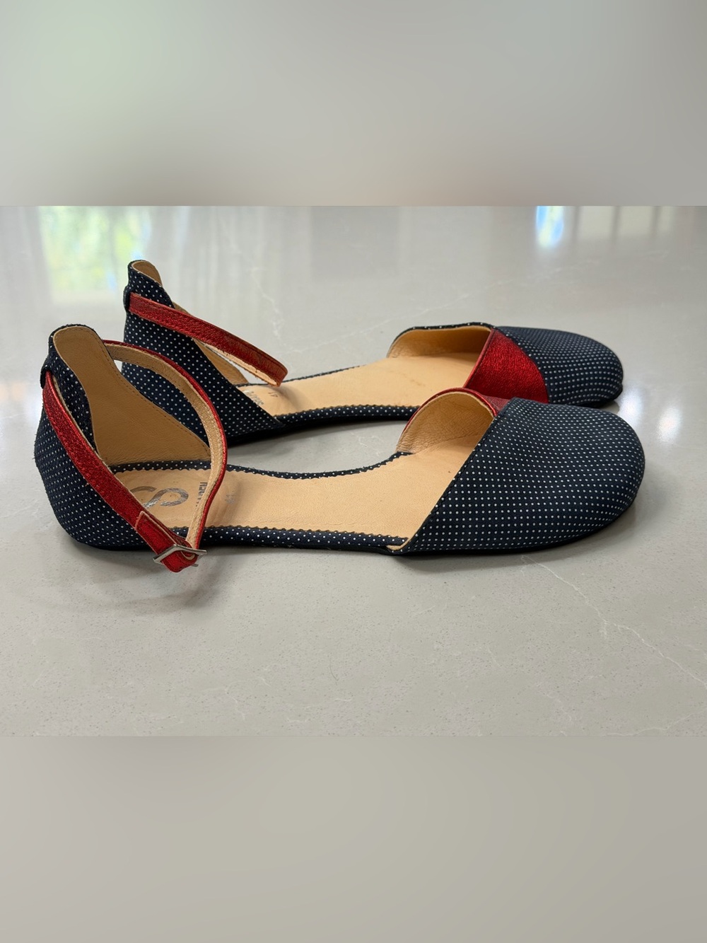 SHAPEN Poppy Barefoot Sandals Navy Polka Dot Red Metallic Pinup Rockabilly Sz 41